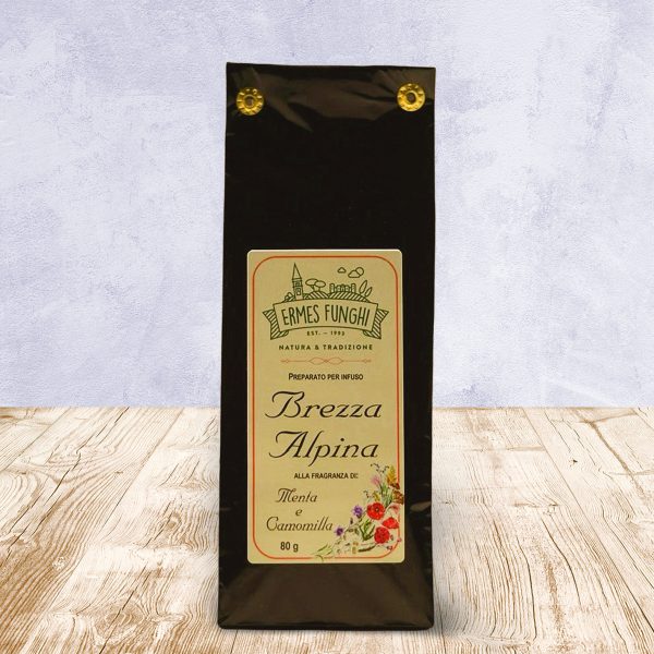 Confezione da 80 grammi di Infuso Brezza Alpina Ermes Funghi.