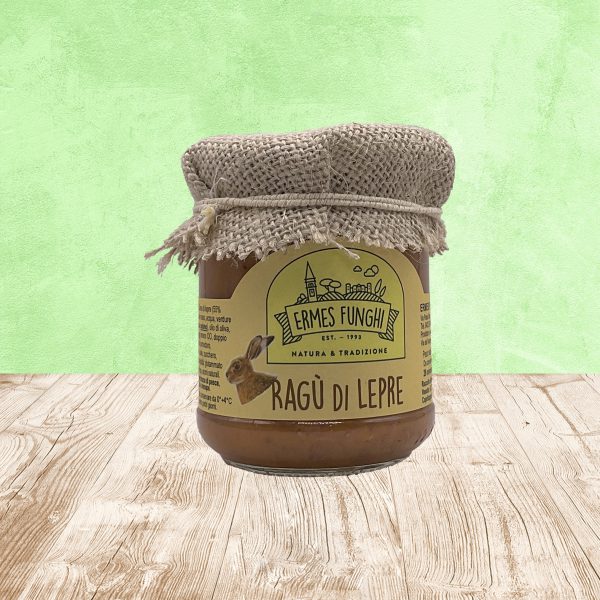 Vasetto da 180 grammi di Ragù di Lepre Ermes Funghi.